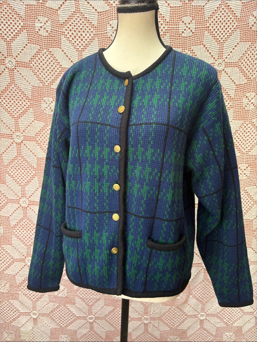 Vintage Tally-Ho Cardigan – Blue & Green
